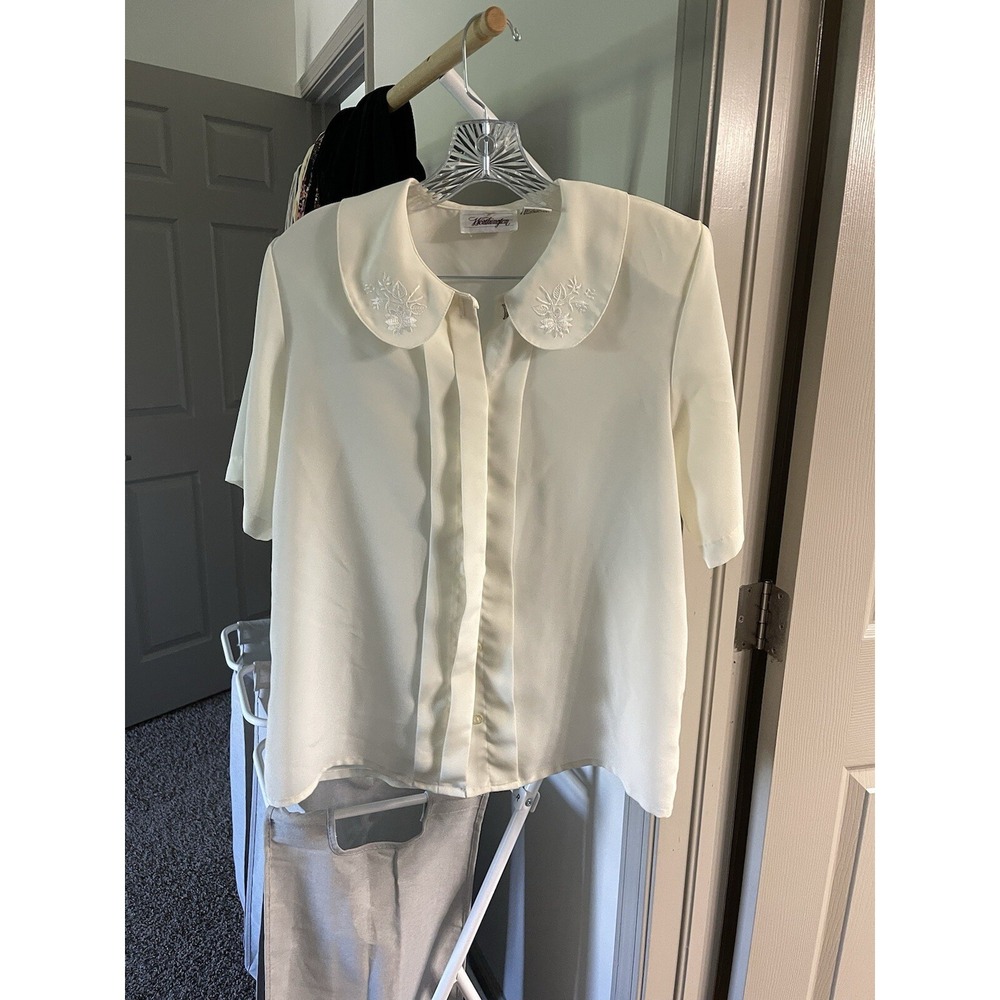 Vintage 90s White Button Up Blouse Peter Pan Collar Preppy Copenhagen Cottage